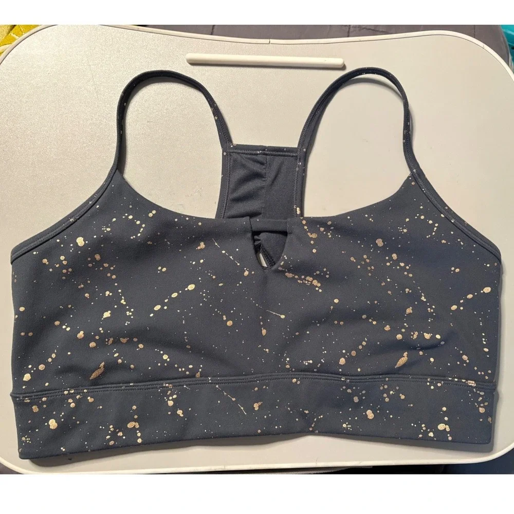 Jessica‎ Simpson Active Womens XL Grey Rose Gold Splatter Keyhole Sports Bra